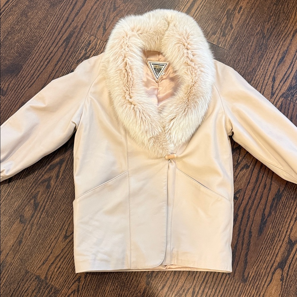 Marvin Richards vintage cream leather jacket white fox fur collar Size Small